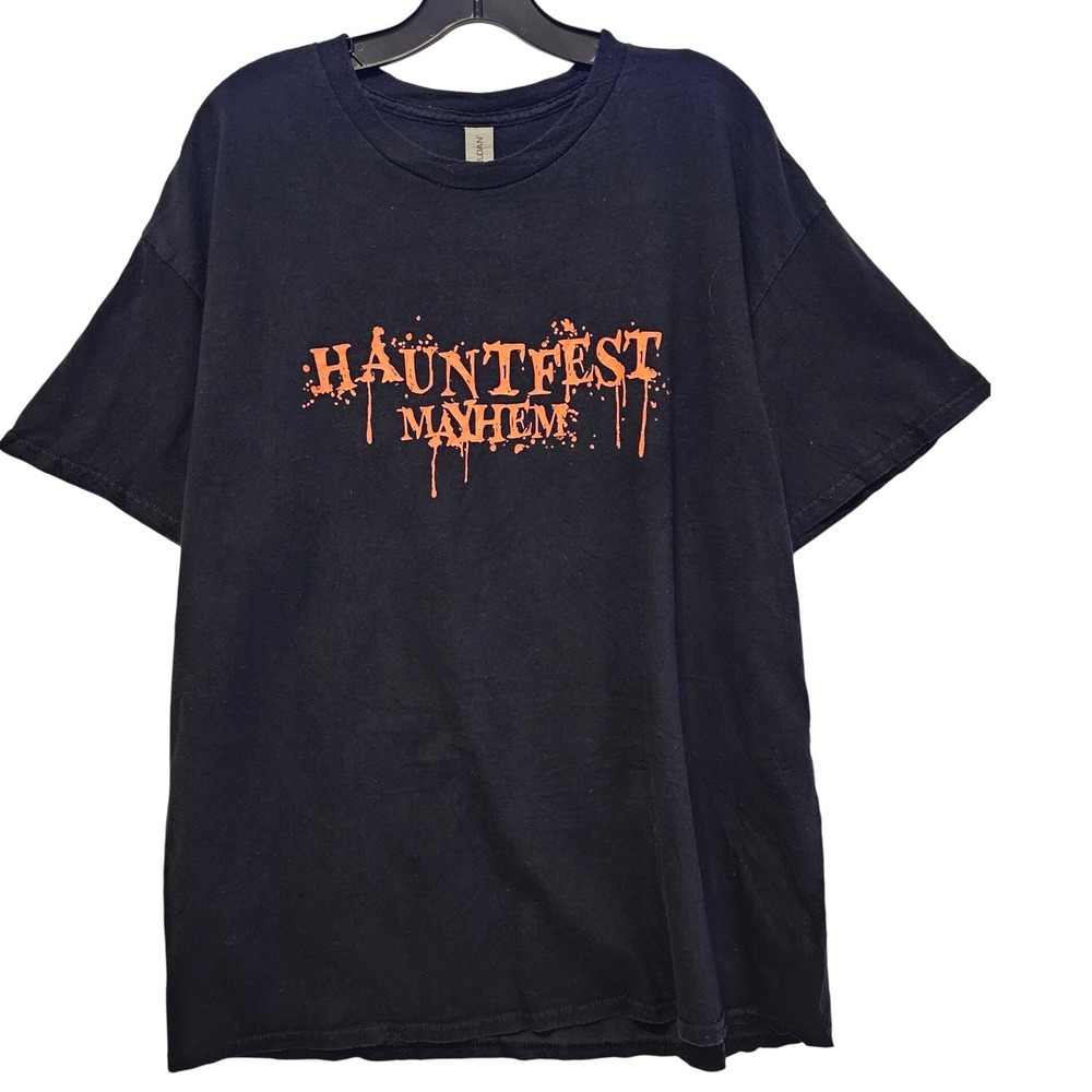 Gildan Hauntfest Mayhem 2023 Mens Black Graphic TShirt Horror Event Bat Skull XL